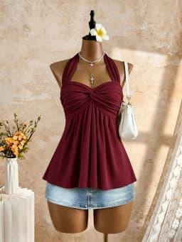 Women Halter Twist Front Sweetheart Neck Flared Peplum Camisole 2026 Summer Y2K Solid White Sleeveless Flowy Beach Vacation Tank