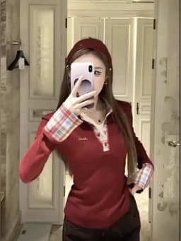 Preppy Polo Neck Plaid Long Sleeve Layered T Shirt Women Fake Two-piece Basic Top V Neck Button Blouses Tees Embroidery