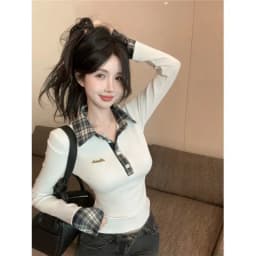 Preppy Polo Neck Plaid Long Sleeve Layered T Shirt Women Fake Two-piece Basic Top V Neck Button Blouses Tees Embroidery