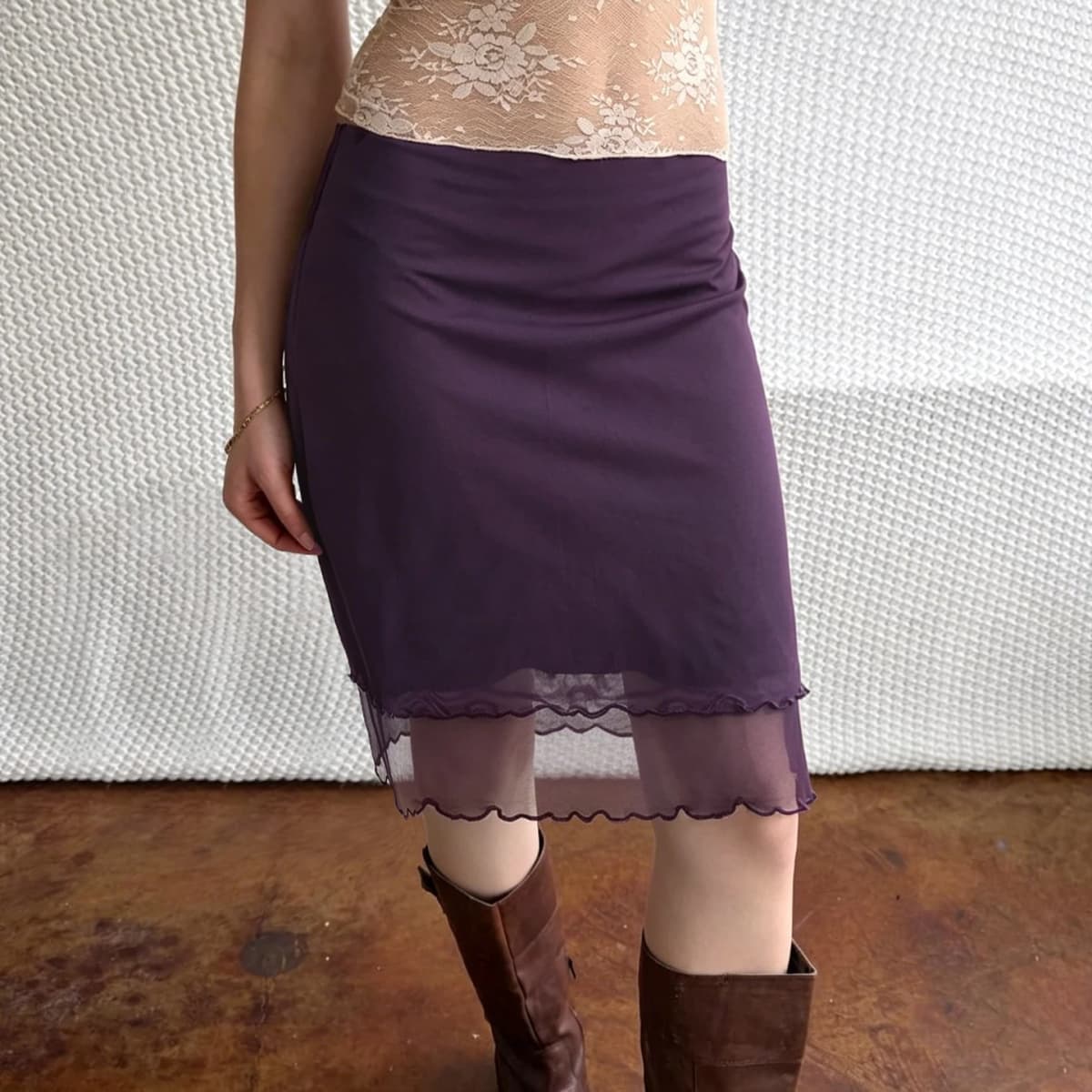 SUCHCUTE Coquette Vintage Double Layer Mesh Midi Skirt Low Waist Lace Hem Slim Straight Solid Mid Length Skirt Y2k Casual Street