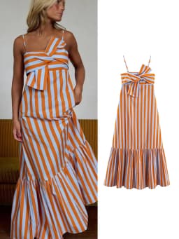 TFMLN Fashion Women Stripes Print Sling Dress Sleeveless Bow Front Loose Fit Backless Long Dresses Chic Lady Holiday Robe