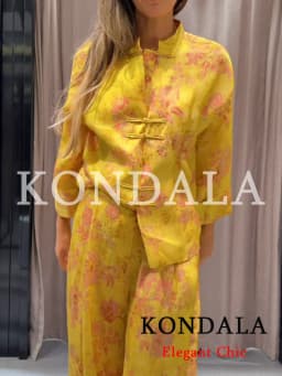 KONDALA Women Elegant Vintage Printed Pants Set Rope Buttons Shirts,Long Pants 2026 Spring Early Fall Holiday High Street Set