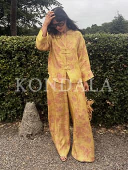 KONDALA Women Elegant Vintage Printed Pants Set Rope Buttons Shirts,Long Pants 2026 Spring Early Fall Holiday High Street Set