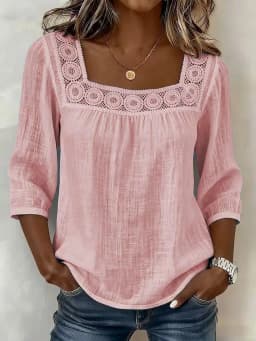 Women's 2026 Summer Square Neck Lace Trim Top – 3/4 Sleeve Cotton Linen Blouse, Solid Color Casual Chic Shirt