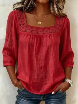 Women's 2026 Summer Square Neck Lace Trim Top – 3/4 Sleeve Cotton Linen Blouse, Solid Color Casual Chic Shirt
