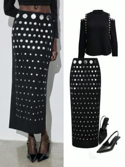 Heavy-duty heat-set rhinestone black half-length skirt with rivets, fashionable women’s clothing, polka dots, elegant, long styl