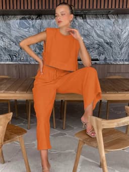 Spring Summer 2025 Women Holiday Linen Pant Set Crop Tops Solid Outfits 2 Two Piece Matching Set For Women