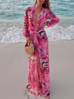 Nibber Lantern Sleeve Tiger Stripe Print Long Dress Woman Autumn Trend Deep V-Neck Sexy Backless Beach Party Elegant Vestidos