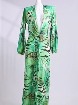 Nibber Lantern Sleeve Tiger Stripe Print Long Dress Woman Autumn Trend Deep V-Neck Sexy Backless Beach Party Elegant Vestidos