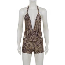 SUCHCUTE Woman Leopard Print 2 Piece Set Outfit Halter Deep V-neck Backless Crop Top & Low-Rise Shorts Sexy 2pcs Summer Clothes