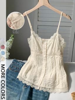 Ladies Lace Trim Pleated Texture Halter Vest V-Neck Design Adjustable Thin Straps One Piece