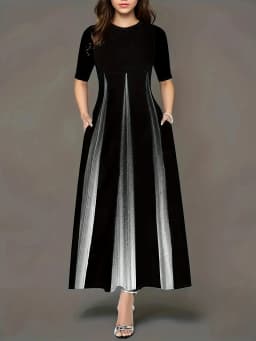Summer new gradient vertical print dress with round neck, loose sleeves, slimming temperament, long skirt