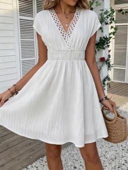 French Lace V-neck Fitted Dress with Waistline and Short Puff Sleeves. Striped Texture Short Skirt with Vertical Lines. Beach-st