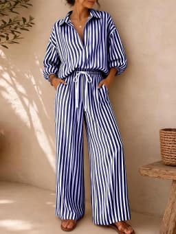 Women's Summer Striped V-Neck 3/4 Sleeve Top + Drawstring Straight-Leg Pants Set – Breathable, Elegant, Loose-Fit Casual Wear