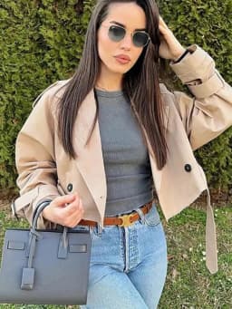HH 2025 Women Belt Cropped Trench Spring Jacket Vintage Streetwear Double Breasted Long Sleeve Top Female Coat Outfits