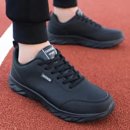 Men's Running Shoes Black PU Upper Flat and Comfortable Walking Shoes Lightweight and Wide Footed Casual Sports Leather Shoes