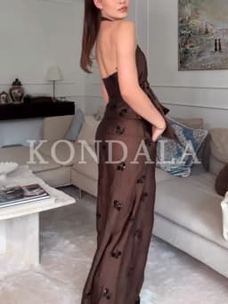 Women Elegant Bead Embroidered Pants Set KONDALA 2026 Summer Trendy Halter Vest,Wide-Leg Pants Lady High Street Holiday Pant Set