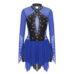 Women Figure Skating Performance Costume Ballet Gymnastics Lyrical Dance Dancewear Long Sleeve Rhinestone Mesh Leotard Dress
