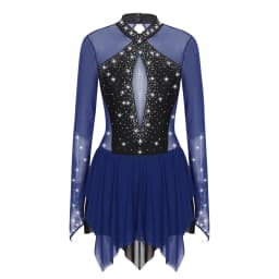 Women Figure Skating Performance Costume Ballet Gymnastics Lyrical Dance Dancewear Long Sleeve Rhinestone Mesh Leotard Dress