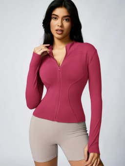 Women's Solid Color Zipper Turtleneck Sports Jacket, Long-Sleeved Sports Top, Gym Wear, Ladies' Sportswear for Indoor and Outdoo