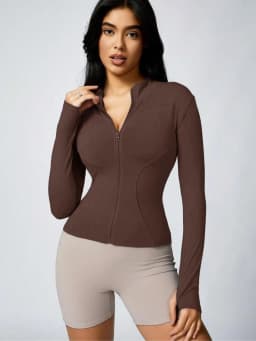 Women's Solid Color Zipper Turtleneck Sports Jacket, Long-Sleeved Sports Top, Gym Wear, Ladies' Sportswear for Indoor and Outdoo