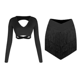 New Latin Dance Clothes Long Sleeves Backless Tops Fringe Skirt Women Cha Cha Rumba Samba Dance Training Practice Wear