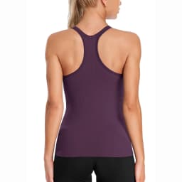 Anfilia Seamless Women Yoga Tank Tops Built-in Bras High Stretchy Knit Ribbed Racerback Hip Length Scoop Neck Tight Workout Tops
