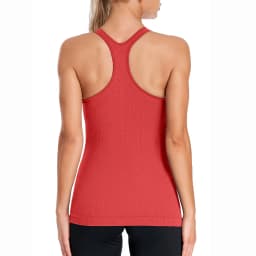 Anfilia Seamless Women Yoga Tank Tops Built-in Bras High Stretchy Knit Ribbed Racerback Hip Length Scoop Neck Tight Workout Tops