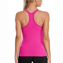 Anfilia Seamless Women Yoga Tank Tops Built-in Bras High Stretchy Knit Ribbed Racerback Hip Length Scoop Neck Tight Workout Tops