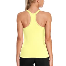 Anfilia Seamless Women Yoga Tank Tops Built-in Bras High Stretchy Knit Ribbed Racerback Hip Length Scoop Neck Tight Workout Tops