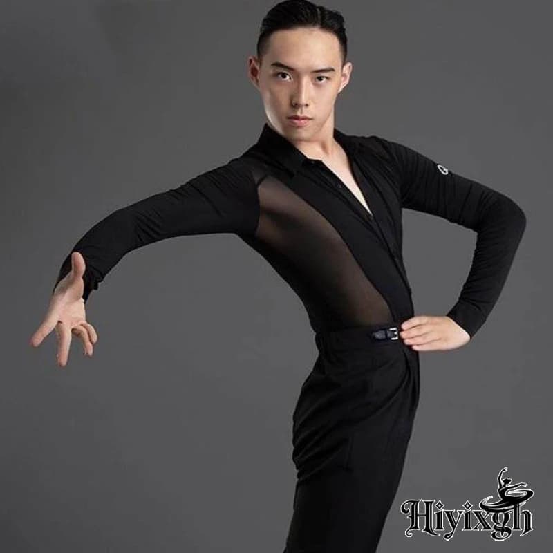 2026 New Long Sleeves Latin Dance T-shirt Boy's Practice Top Wear Men's Deep V Neckline Seethrough Design Charles Shirt