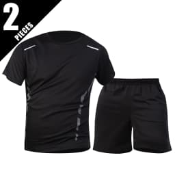 2-Piece Men's Summer Quick Drying Sports Suit Loose And Breathable Short Sleeved T-shirt Running And Fitness Black Pocket Shorts