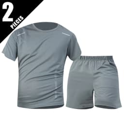 2-Piece Men's Summer Quick Drying Sports Suit Loose And Breathable Short Sleeved T-shirt Running And Fitness Black Pocket Shorts