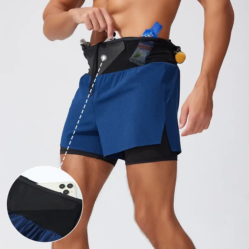 Running Shorts Male 2 in 1 Marathon Fitness Short Gym Man Basketball Workout Pants Multi-pocket Double Deck Sports Shorts Men