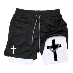 Print 2 in 1 Running Workout Shorts for Men Christian Gym Athletic Performance Shorts with Phone Pocket Towel Loop Activewear