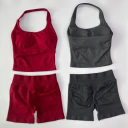 No Logo 2 Pieces Gym Set Women Backless Halter Tops High Waist Seamless Shorts Gym Suit Fitness Clothes Sportswear Workout Sets
