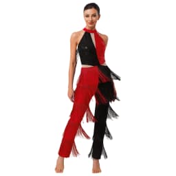 Women Hippie 70s Disco Costume Shiny Sequin Tassel Fringe Pants Retro Party One Piece Jumpsuit Prom Clubwear Latin Dancewear