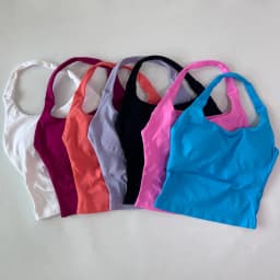 No Logo Seamless Halter Top Backless Longline Strappy Padded Gym Top Women Built-in Bra Removable Cups Activewear Yoga Tank Tops