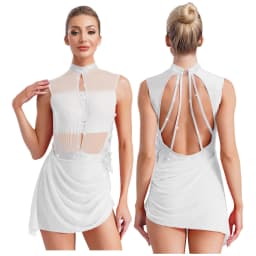 Women Figure Skating Dress Modern Lyrical Dance Gymnastics Acrobatics Clothes Sleeveless Shiny Rhinestones Mesh Leotard Tutu