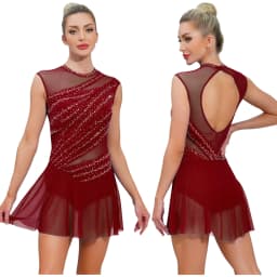 Women Figure Skating Dress Modern Lyrical Dance Gymnastics Acrobatics Clothes Sleeveless Shiny Rhinestones Mesh Leotard Tutu