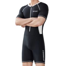 Men Summer One-Piece Swimsuit Color Block Bathing Suit Beach Swimwear Round Neck Short Sleeve Front Zipper Jumpsuit for Surf