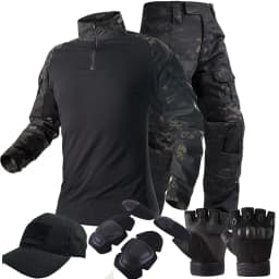 Men Multicam CP Black Tactical Combat Suit Set Military Frog Uniform Shirt Pants Knee Pads Gloves Hat Training