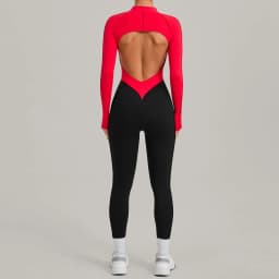 Women's Gym Workout Clothes Jumpsuits Color Block Yoga Bodysuit with Zipper Open Back Butt-lifting Outdoor Fitness Activewear