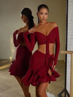 Sexy Off Shoulder Latin Top Ruffled Skirts Latin Dance Costume Stage Performance Clothes Samba Tango Dance Wear Set for Women