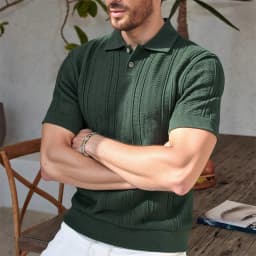 2026 New Men's Knit Golf Shirt Casual Polo Shirts Short Sleeve Summer Mens Stretch T Shirts Button Top T-Shirt