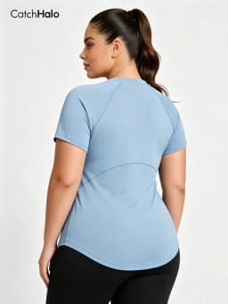 Plus Size Yoga Top Light Blue Waist Shaping Curved Hem Soft Reflective Label Fitness Casual Tee