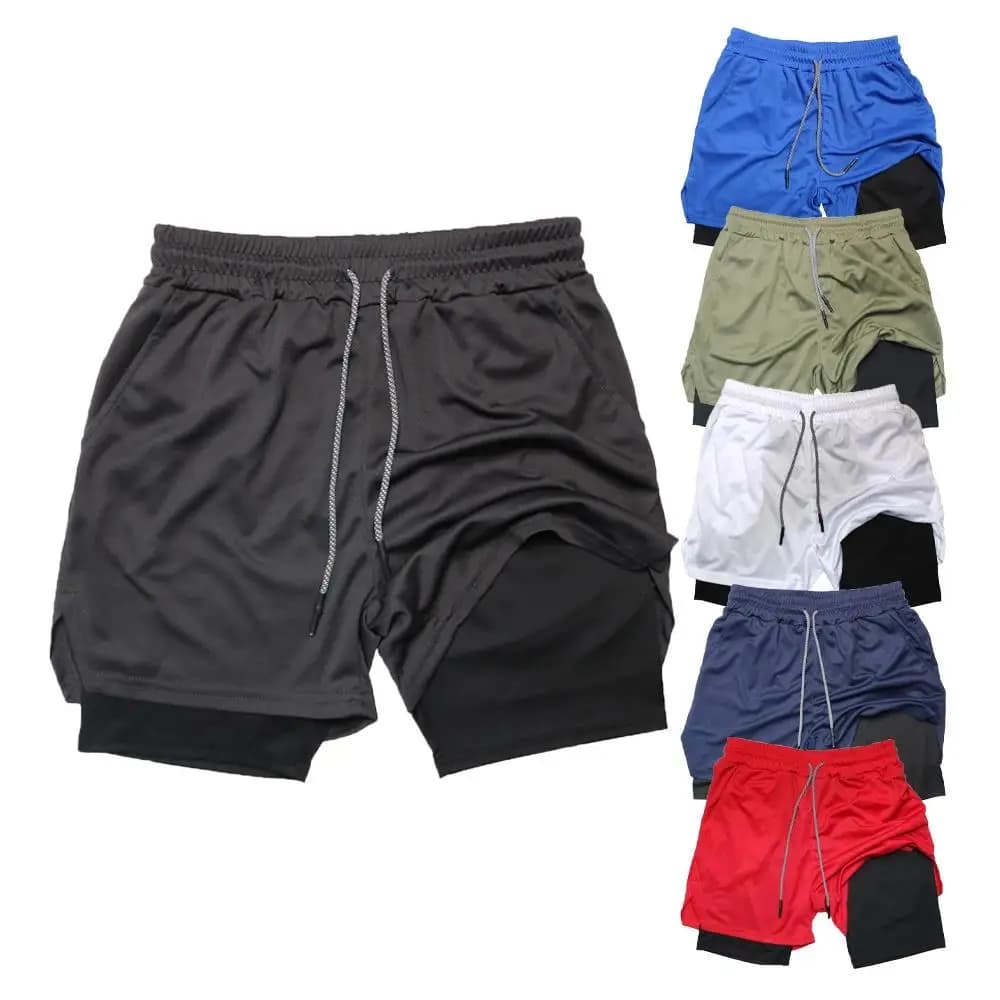 Men's Double Layer Fitness Shorts 2 in 1 Men Fitness Gym Training Sports Shorts Quick Dry Workout Jogging Double Deck Summer