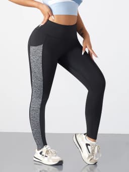 Women's High Waist Contrast Panel Yoga Leggings with Phone Pocket Tummy Control High Waist Yoga Pants Full Length Leggings
