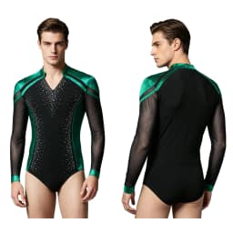 Men Long Sleeve Shiny Rhinestone Sheer Mesh Figure Skating Bodysuit Latin Dance Cha-cha Ballet Gymnastics Leotard Dancewear