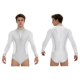 Men Long Sleeve Shiny Rhinestone Sheer Mesh Figure Skating Bodysuit Latin Dance Cha-cha Ballet Gymnastics Leotard Dancewear